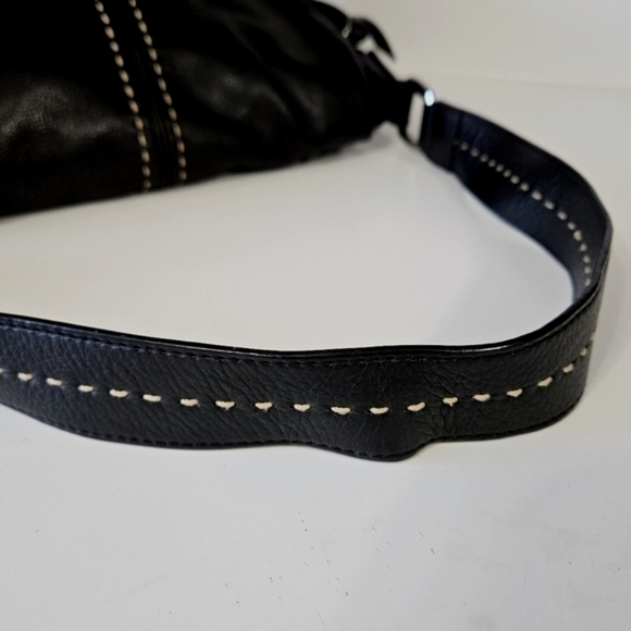 B. Makowsky Black Leather Contrast Stitching Top Flap Hobo Shoulder Bag - Picture 9 of 10